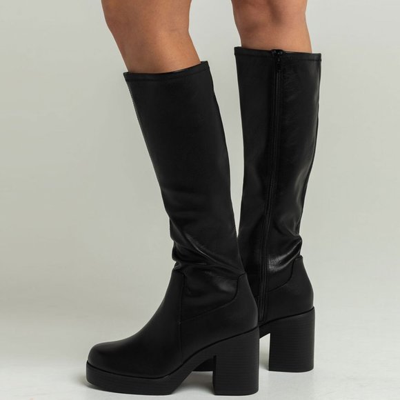 NEW🔥 Black Knee High Moto Boot Chunky Platform Block Heel Stretchy Faux Leather - Picture 2 of 4